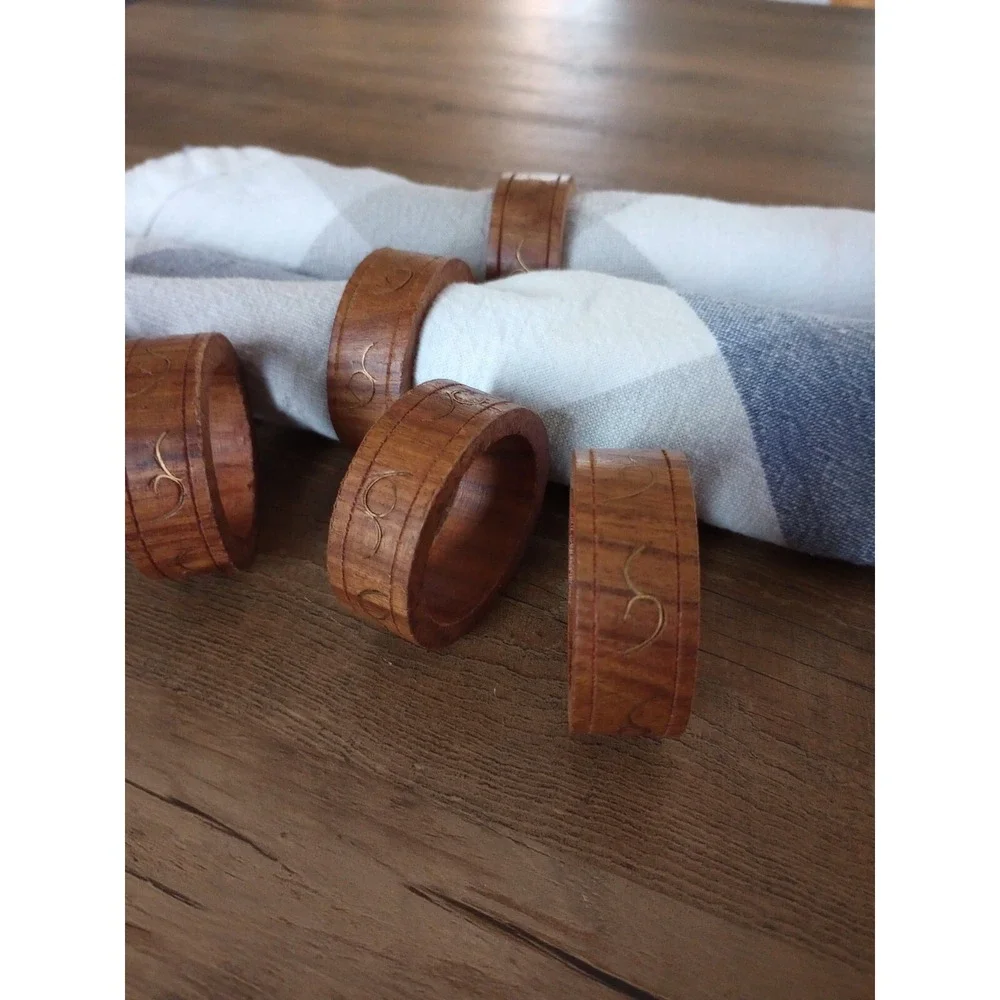 VTG Mid-Century Modern Set of 6 Wood Napkin Rings W/ Brass Inlay Made in India